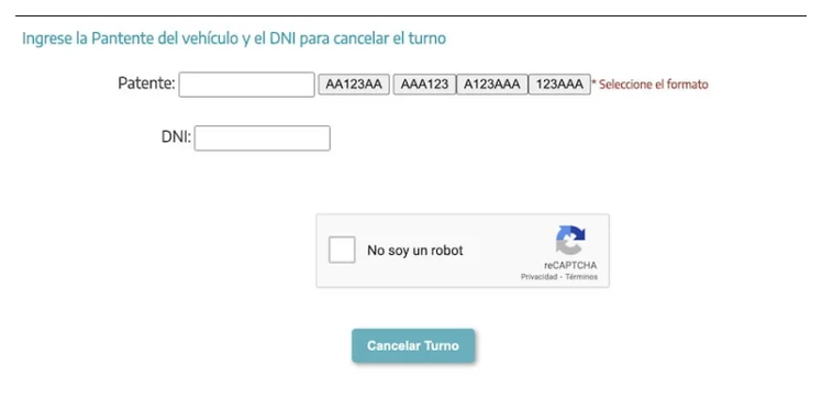 Pantalla para cancelar el turno de la VTV en Pilar con patente y DNI
