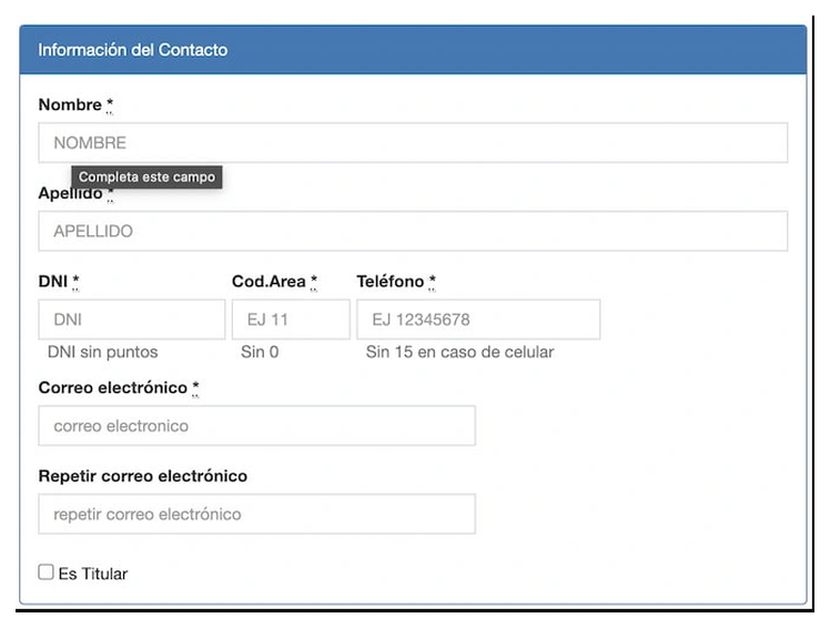 Paso 2 para sacar turno de la VTV en Pilar: información del contacto